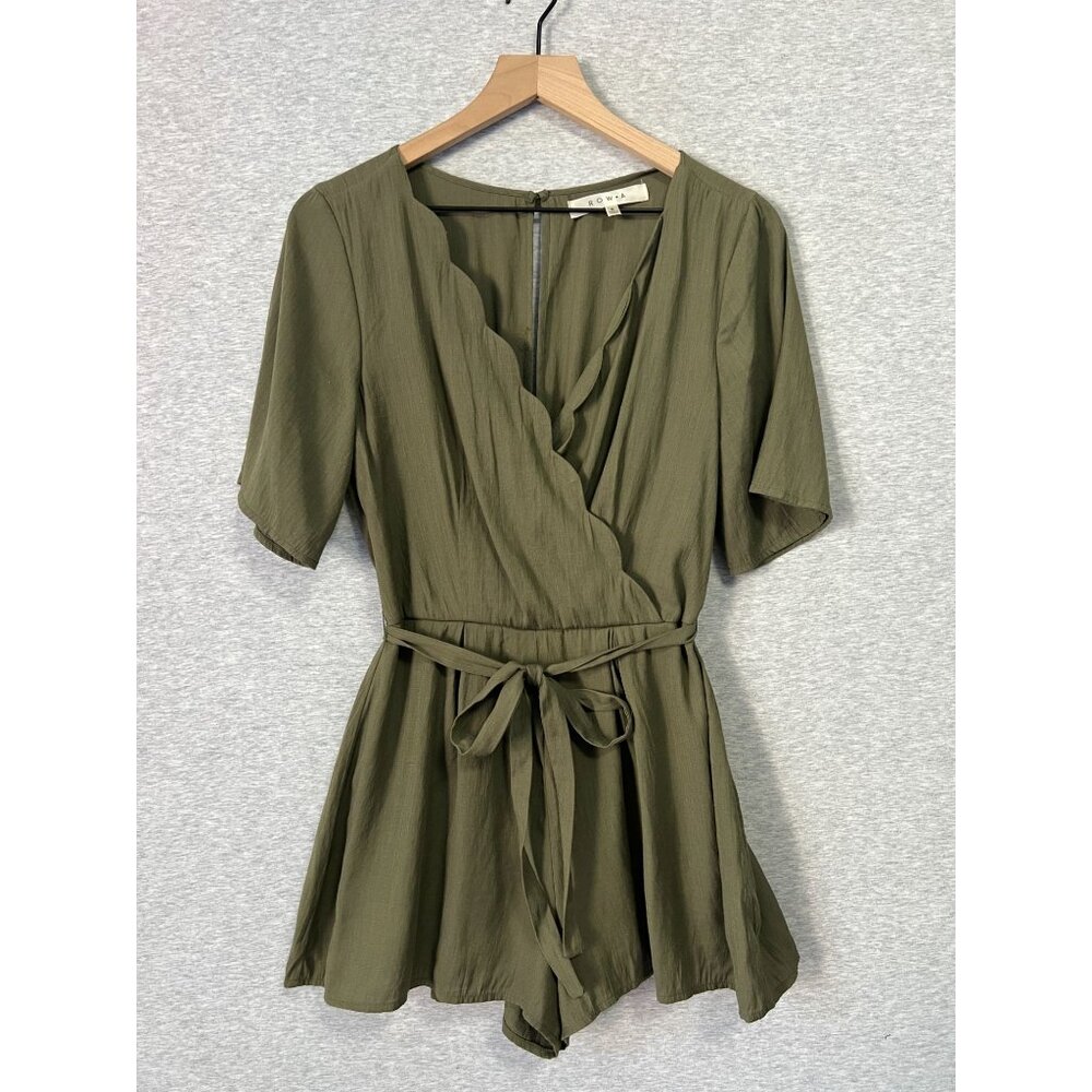 Row A Faux Wrap Romper Womens Small Olive Green Waist Tie Scalloped Neckline‎